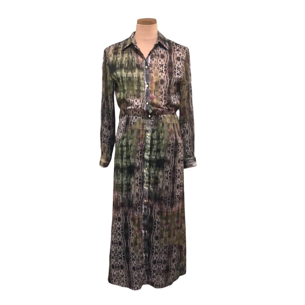 ZARA Metallic Maxi Shirt Dress Shirtdress Size XS Green Gold Brown